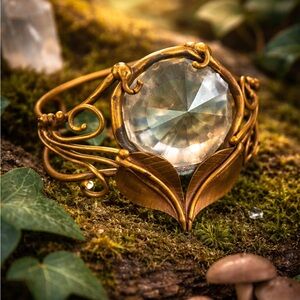Elven Fantasy Brass Cuff with Faceted Crystal | LOTR Style Statement Bracelet